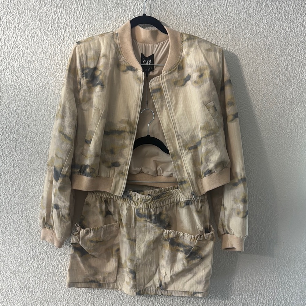 Zara Cream and Gray Bomber Jacket with matching skirt (Brand New - Never Worn)